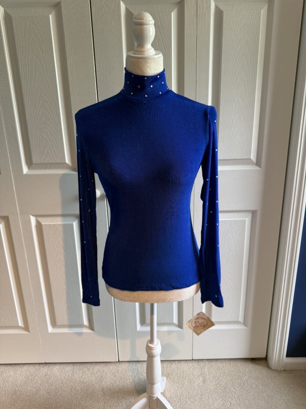 Vintage Hobby Horse Royal Blue Stretch Mock Neck Rhinestone Top Women Small NEW
